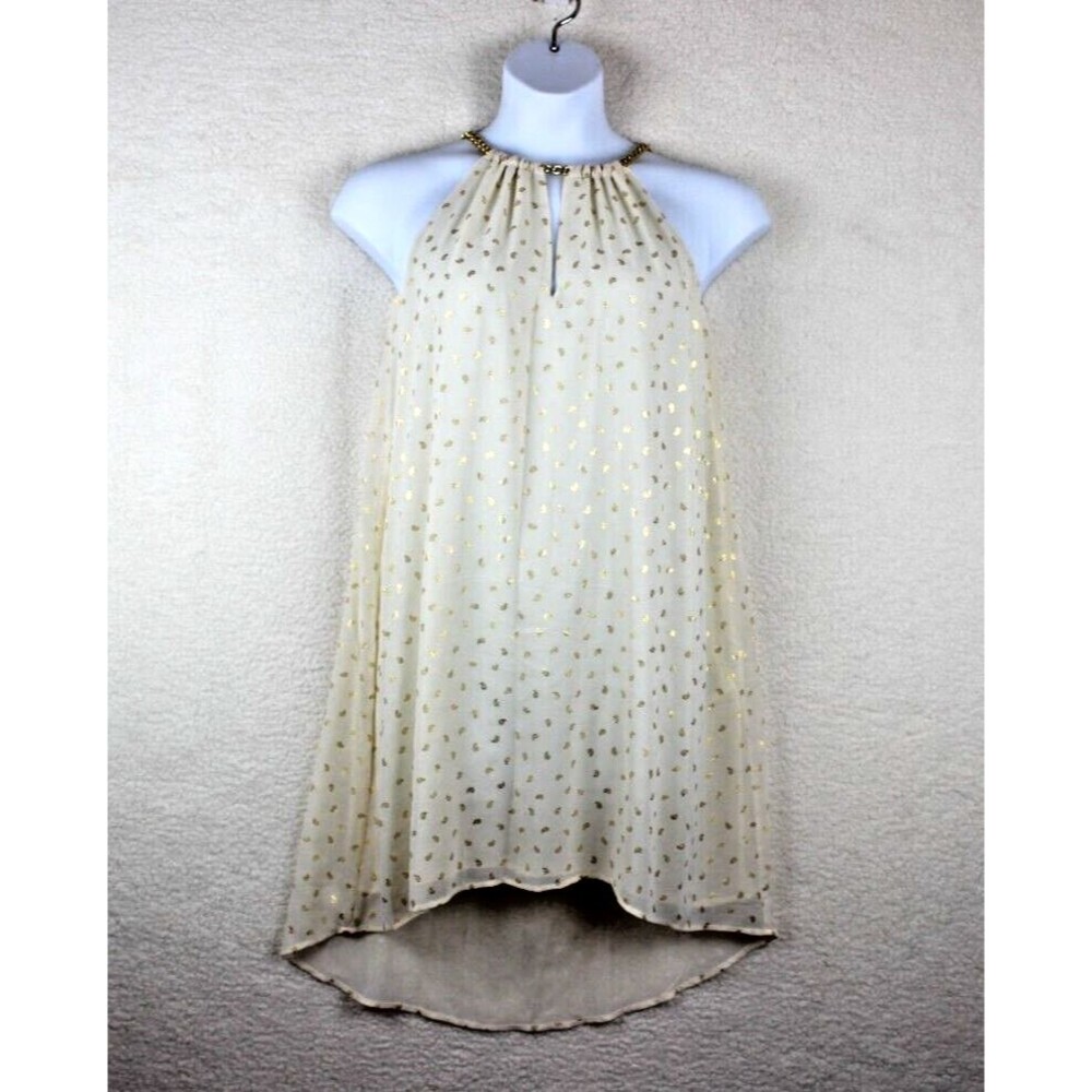 Michael Kors Size XS Beige Gold Print Hi Low Halter Dress Chain Collar